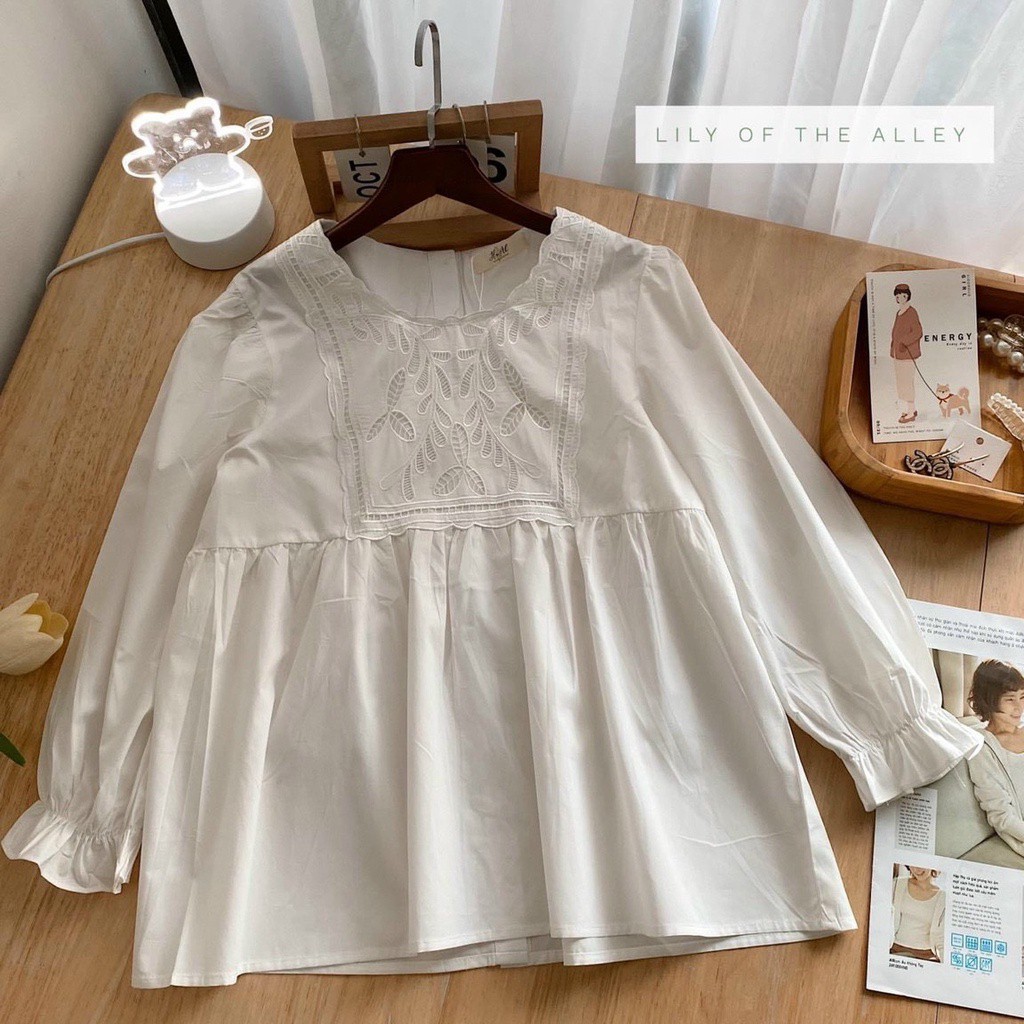 Áo sơ mi nữ hoa ren babydoll trước ngực dài tay , áo sơ mi nữ babydoll dài tay