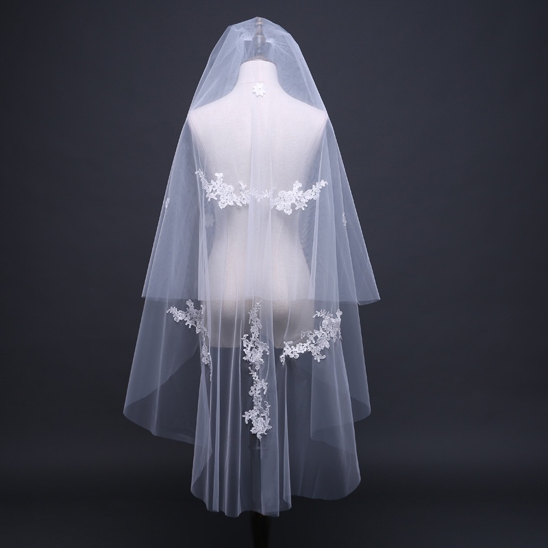 Bride s veil is medium-length 1.m 2 double-layer wedding photo with hair comb rice white lace wedding thumbnail