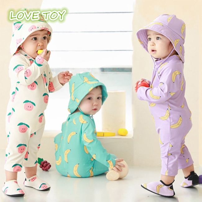 Set Đồ Bơi 2 Mảnh Cổ Tròn In Hình Trái Cây Khô Nhanh Kèm Mũ Che Nắng Dành Cho Bé