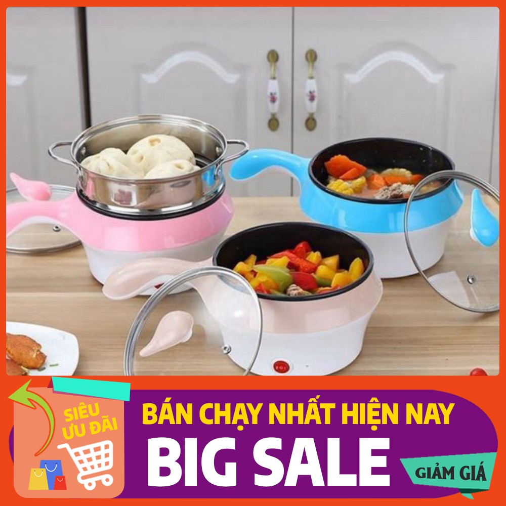 Nồi lẩu điện mini 2 tầng đa năng chống dính 18cm Tặng xửng hấp, Ca nấu mì nấu lẩu