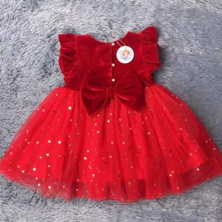 Đầm Sofia đỏ đính nơ phối ren cho bé gái