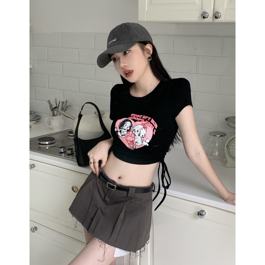 Áo Thun Croptop Cột Dây Dáng Ôm In Hoạt Hình Thời Trang Quyến Rũ Cho Nữ