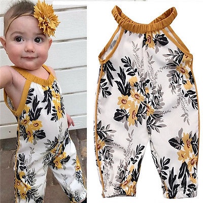 Bộ áo liền quần vải hoa phối cổ yếm nhún bèo dễ thương cho bé