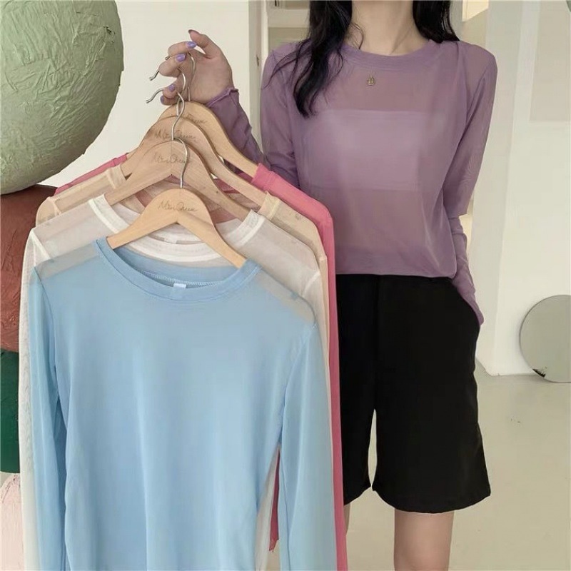 Áo Thun Tay Dài Vải Lụa Mát Mỏng Phối Lưới Màu Sắc Ngọt Ngào Thời Trang Mùa Hè Cho Nữ