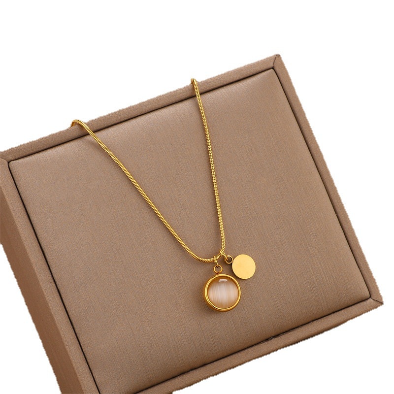 Vòng cổ Mặt Tròn Bằng Thép Titan Đính Đá Opal Thời Trang Cho Nữ