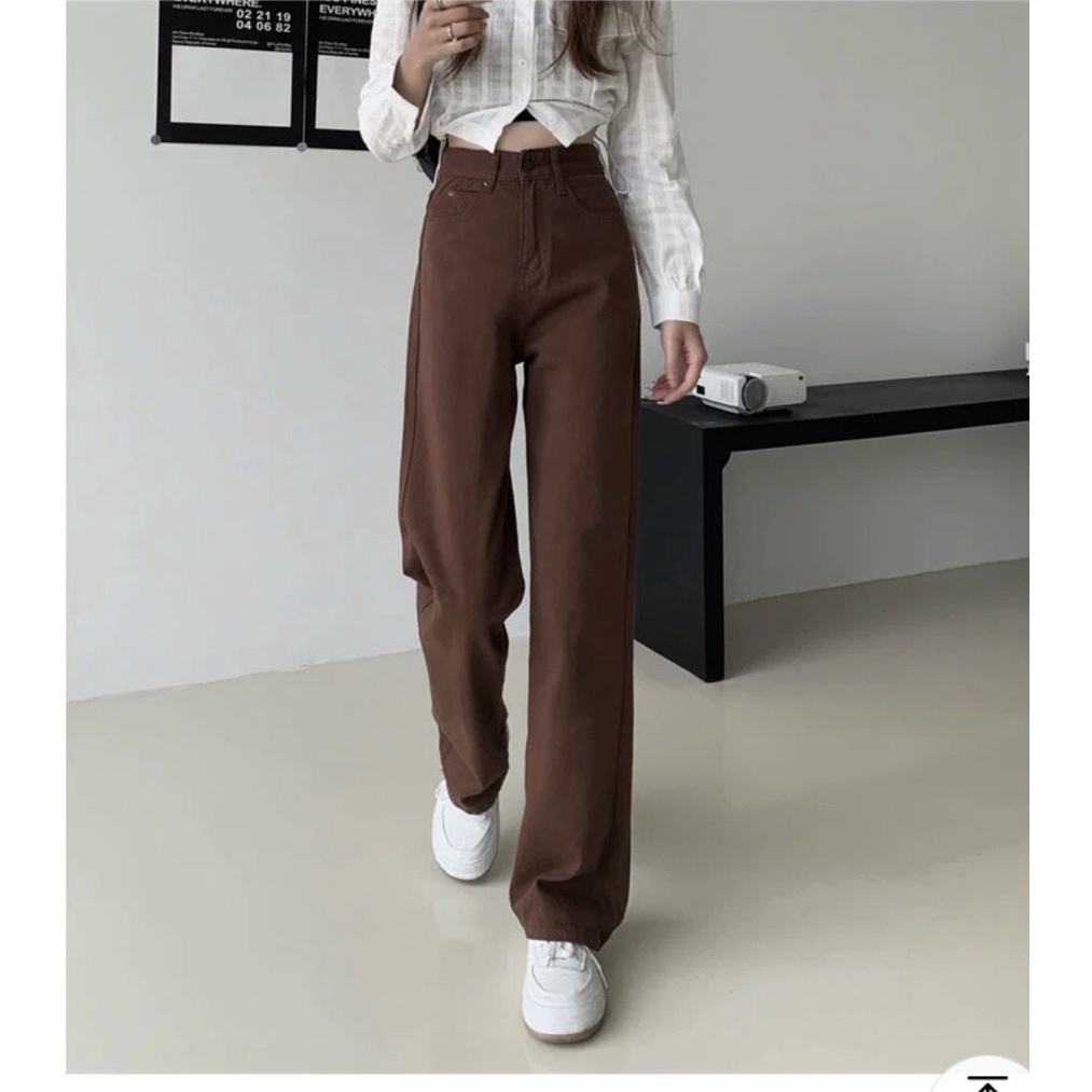 💃 Quần Jeans Nữ Ống Rộng Màu Nâu Lưng Thun