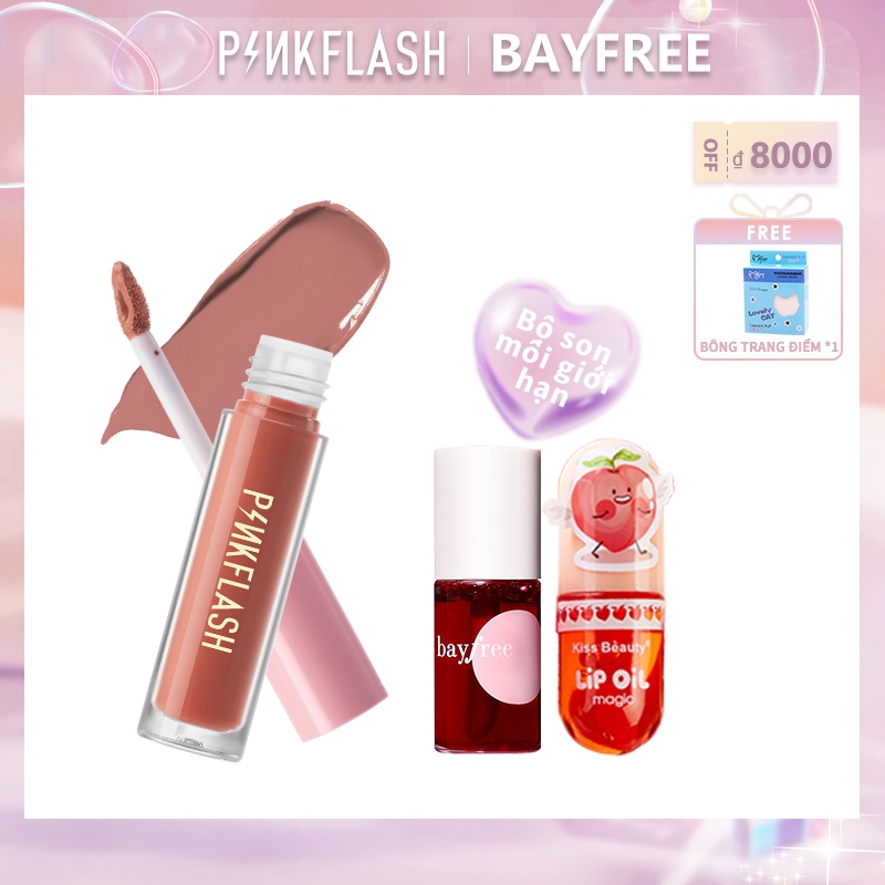 Set son môi dạng lỏng lâu trôi dưỡng ẩm kèm dầu dưỡng môi hiệu Pinkflash