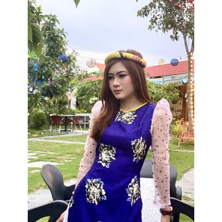 GIÁ XƯỞNG - Áo dài cách tân gấm hoa hoa hồng nền xanh bích