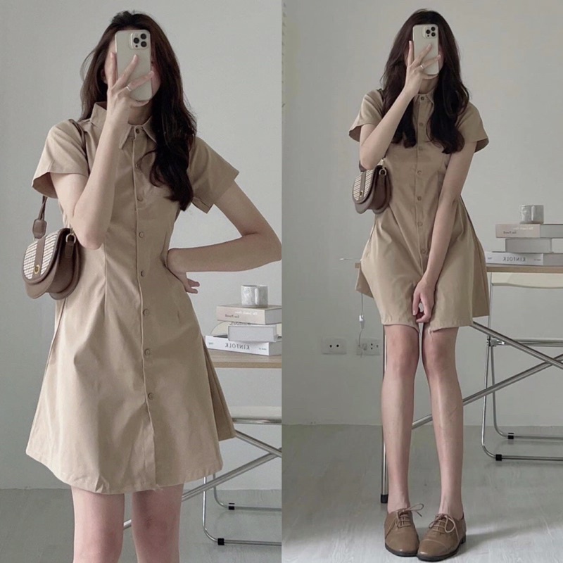 Váy sơ mi cổ đức chất kaki 2 da nhiều màu chun sau co giãn túi thật hai bên siêu tôn dáng phong cách công sở