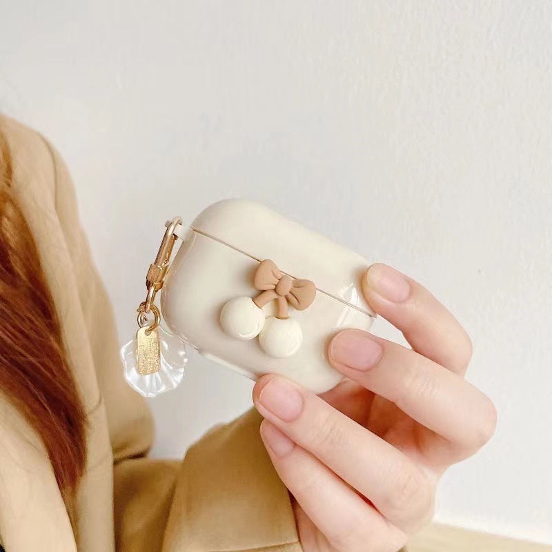 Vỏ bảo vệ hộp sạc tai nghe Airpods 1 2 3 Pro Apple Bluetooth chất liệu mềm hình gạo trắng cherry