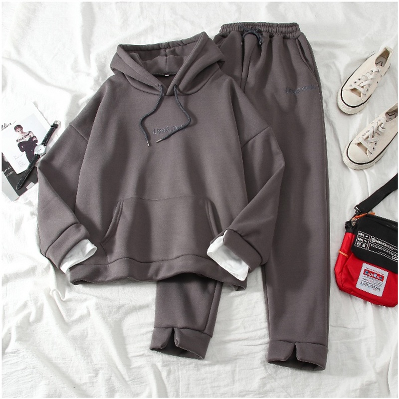 Bộ Nỉ Nữ Thu Đông Dài Tay Có Mũ Form Rộng Kèm Quần Dài Bo Gấu Ulzzang Thời Trang Sugal QA NU 023V1