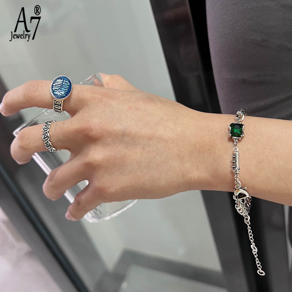 Vòng Tay Bạc Thái Lan Mặt Vuông Rỗng Đính Đá Ngọc Lục Bảo A7 Thời Trang Cho Nữ