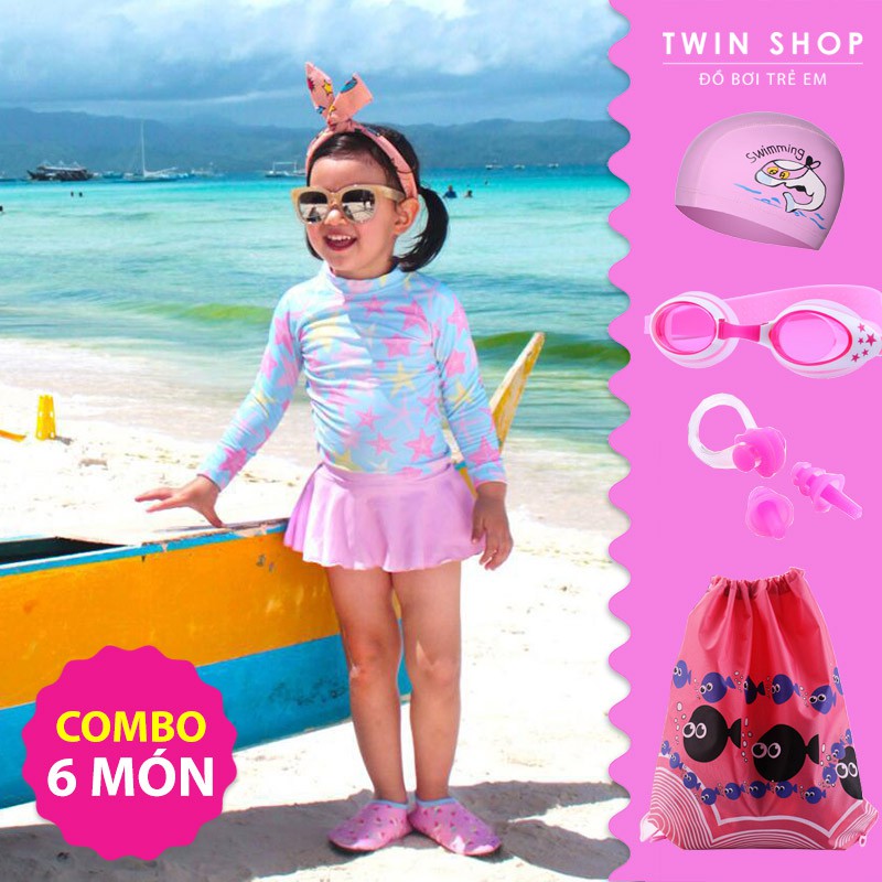 Đồ Bơi Bé Gái, Áo Bơi Đầm Bơi Bé Gái Twin Hoa Văn Hình Sao Biển, Màu Hồng Xanh, Combo Gồm 6 Món