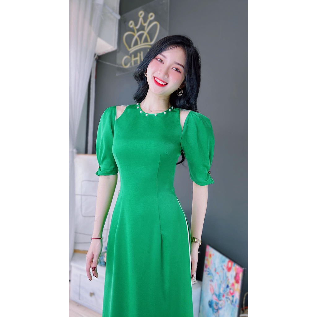 Áo dài cách tân nữ pha lưới tay bồng cổ đính ngọc sang trọng CHUU AD8033 không kèm quần