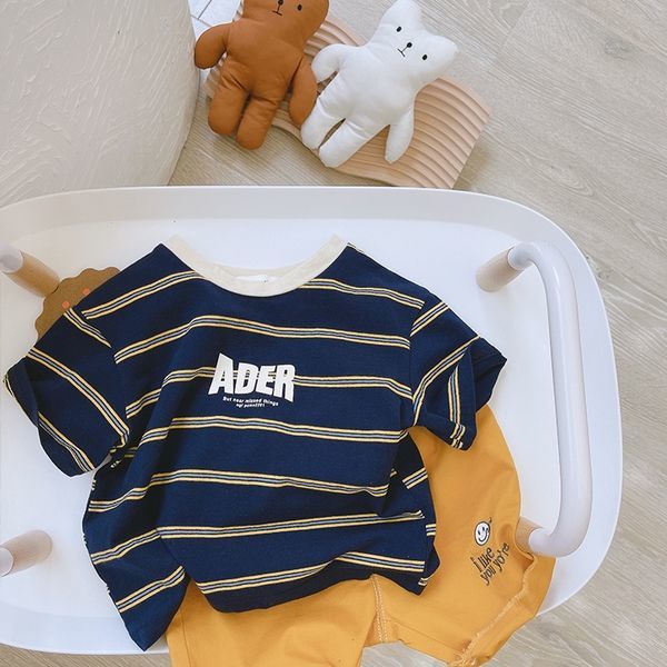 Áo Thun Ngắn Tay Cổ Tròn Họa Tiết Kẻ Sọc Phối Màu Thời Trang Hàn Quốc Cho Bé