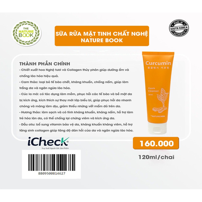 Sữa rửa mặt tinh bột nghệ The Nature Book dưỡng ẩm và ngăn ngừa lão hóa Foam Cleanser Curcumin 120g