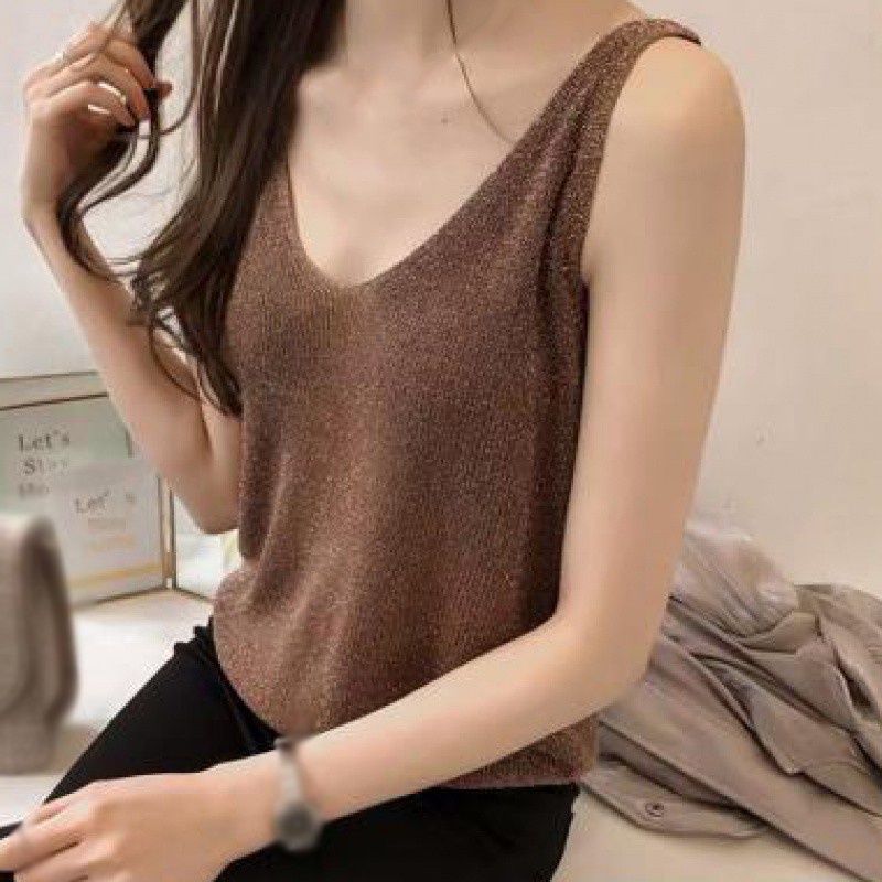 Áo dệt kim sát nách cổ chữ V đính kim sa lấp lánh thời trang mùa hè cho nữ