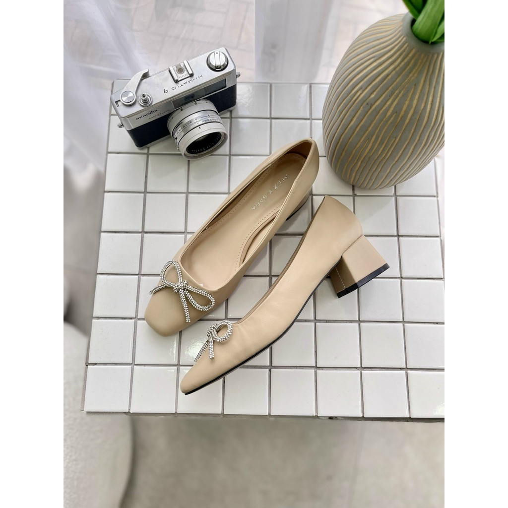 Giày Gót Vuông COLEE Mũi Vuông Nơ Đá Da Mềm Cao 4p