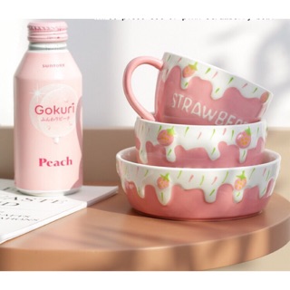 [Order-Clip thật] Set 3 món cốc chén đĩa dâu tây hồng cute cute 🍓🍓🍓