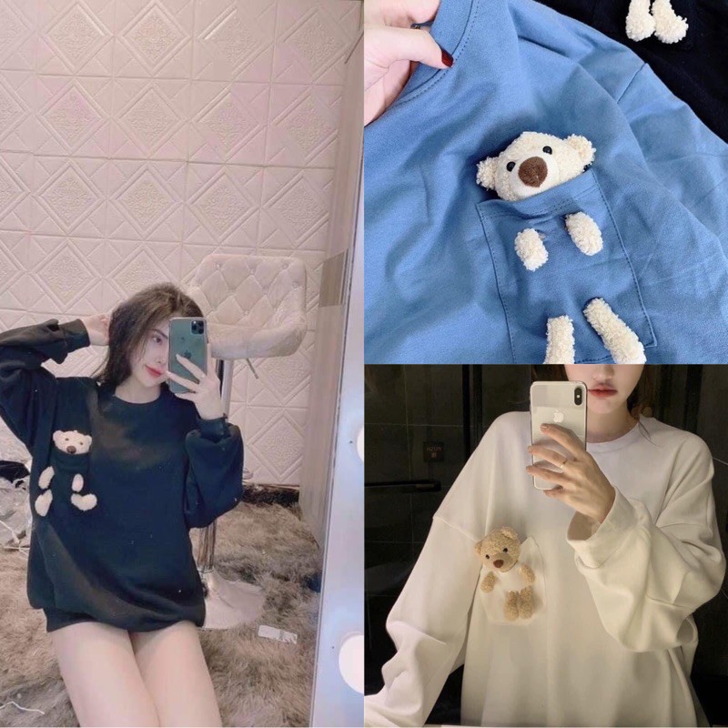 Áo Nỉ TEDDY BEAR Nữ 💕[FREESHIP] 💕 Áo Gấu -Phông Dài Tay Dáng Rộng Phối Túi Gấu Unisex | BigBuy360 - bigbuy360.vn
