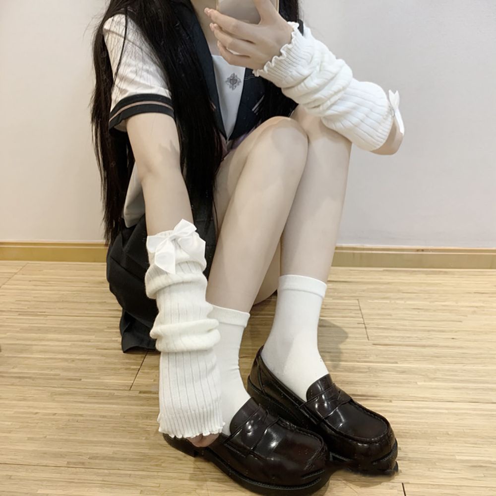 Vớ ống chân dệt kim màu trơn giữ ấm mùa thu đông phong cách lolita dành cho nữ