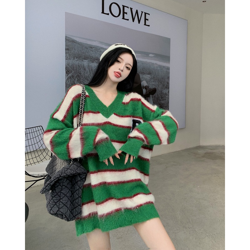 QKOOLE  Áo len dài tay cổ chữ V phong cách Hàn Quốc thời trang cho nữ