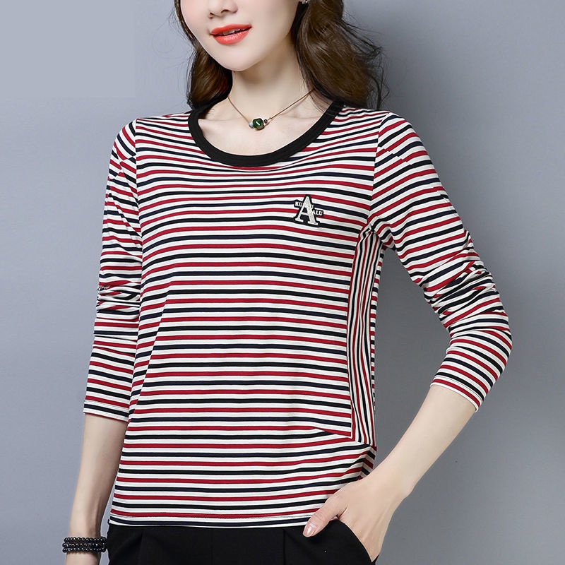 Áo Thun Tay Dài Họa Tiết Kẻ Sọc Phong Cách Phương Tây Thời Trang Mùa Thu Mới Cho Phụ Nữ Trung Niên