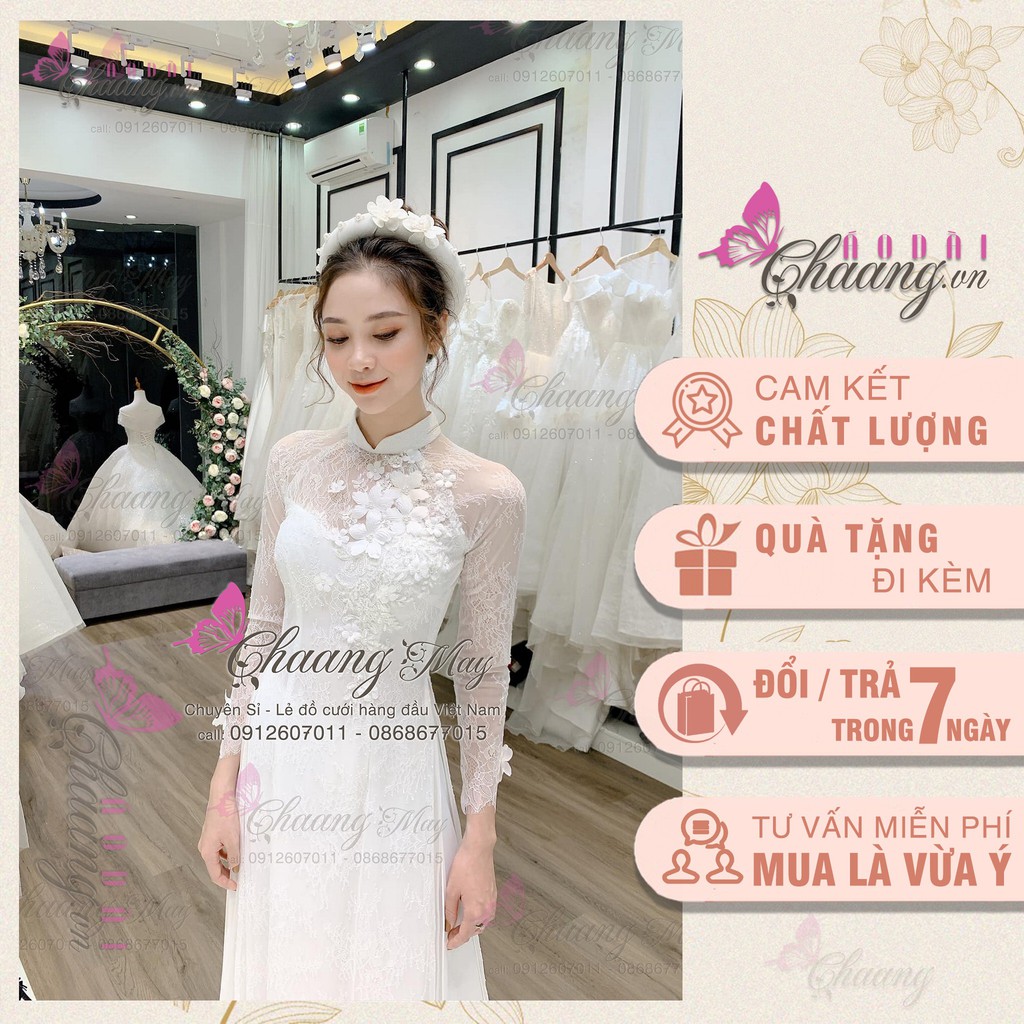 Áo dài trắng cô dâu_Chaang_May áo dài cưới ren mi, đính hoa nổi và hạt pha lê ADC201