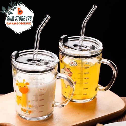 Cốc thủy tinh có nắp chia vạch pha sữa cho bé tiện lợi, Ly thủy tinh dễ thương chia vạch pha sữa cho bé có tay cầm