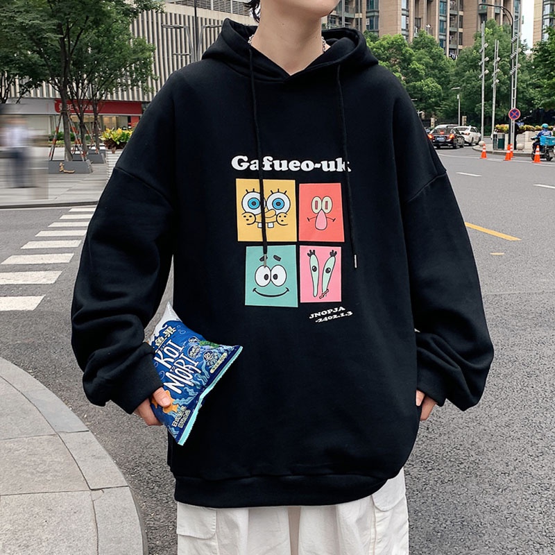Áo hoodie tay dài dáng rộng size lớn in hình vẽ hoạt họa dễ phối đồ thời trang xuân thu phong cách Hồng Kông cho nam
