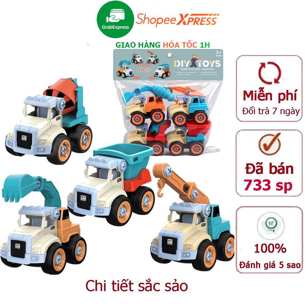 Bộ đồ chơi lắp ráp xe công trình xây dựng gồm 4 xe nhiều màu sắc kích thích thị giác của bé