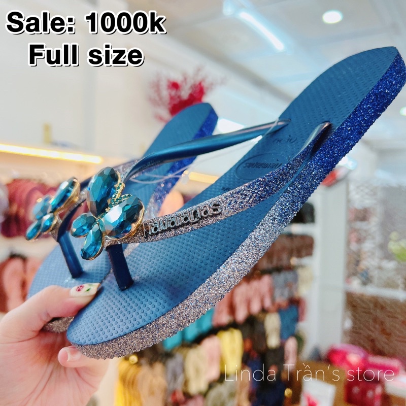 dép HVN kim tuyến viền xanh đen mix charm b.đá xanh dương