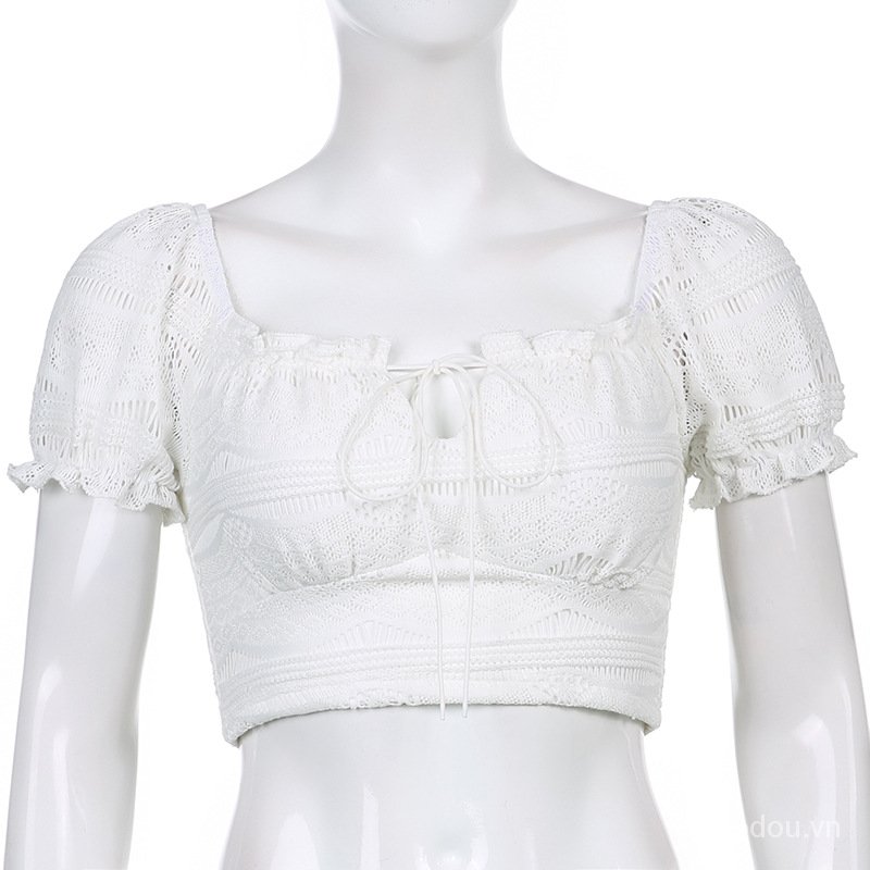 Áo Croptop Tay Ngắn Phối Ren Hoa Thiết Kế Thanh Lịch