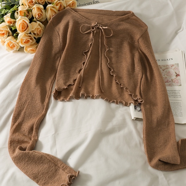 Áo khoác cardigan XIAOZHAINV dệt kim mỏng tay dài thắt nơ kiểu Pháp 6 màu lựa chọn cho nữ