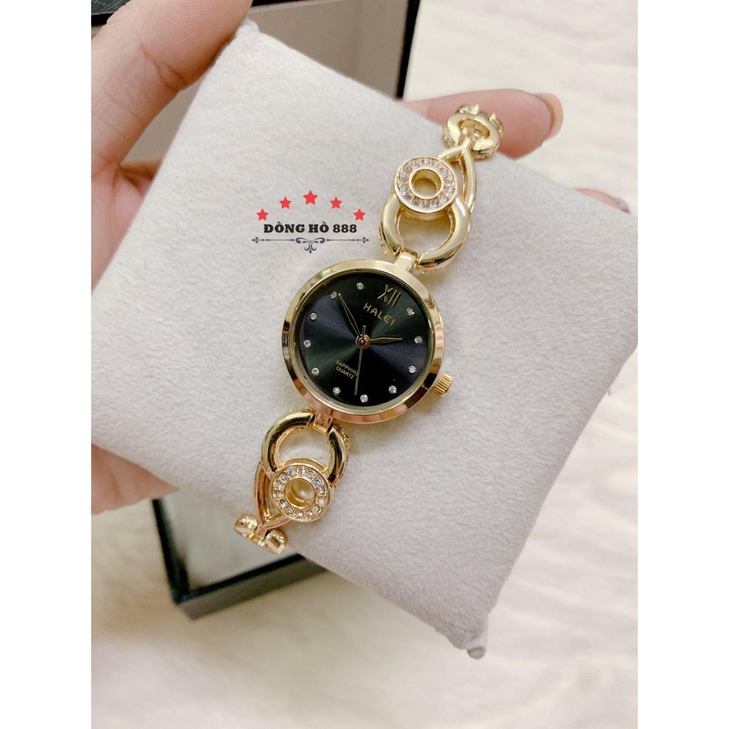 Đồng hồ nữ Halei Gold dáng lắc dây vàng mặt tròn số đá không gỉ không bay màu, mặt nhỏ size 26mm, chống xước, chống nước