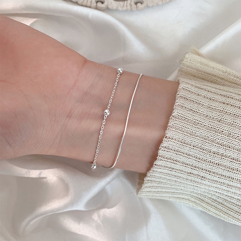 Vòng Tay Hai Lớp Mạ Bạc 925 Hình Quả Cầu Nhỏ Xinh Thời Trang Dành Cho Nữ