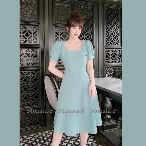 Váy Đũi Xước, Đầm nhúm vai, Đầm thời trang công sở Monsta- F