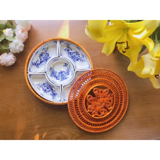 Khay sứ mứt tết kèm khay mây bát tràng cao cấp