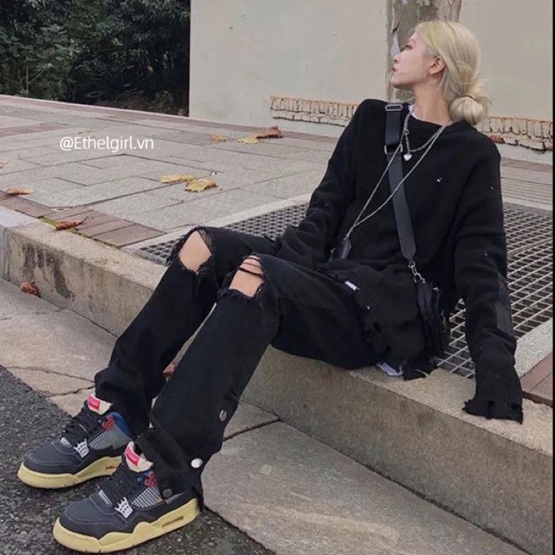 Quần jean button 3 cúc rách gối nam nữ phong cách unisex cargo pant