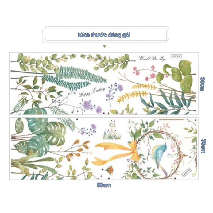 Decal trang trí tường - Vòng hoa có chú chim và những lá cây phong cách