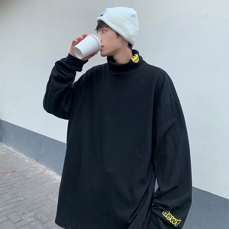 Áo Thun Nam Tay Dài Cổ Cao In Hình Mặt Cười Thời Trang Hàn Quốc