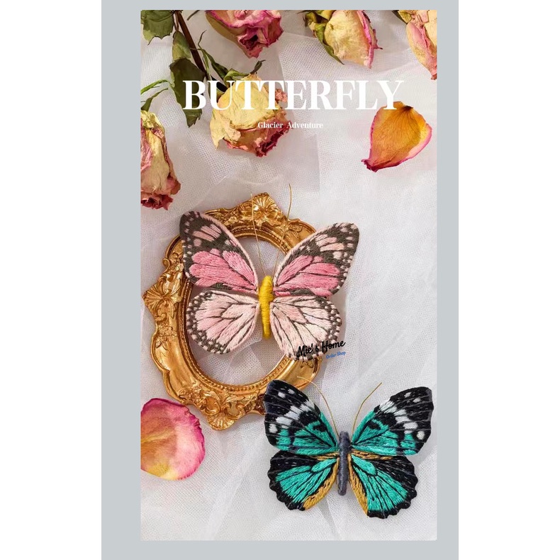Gói KIT Nguyên Liệu DIY Túi Dụng cụ Tự Thêu Tay Nghệ Thuật Ghim Cài Áo Butterfly Hoa Xuân Embroidery Handmade - Mie Shop