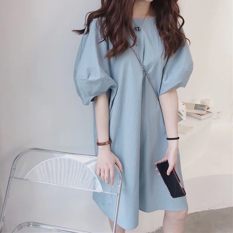 Đầm phủ vai dáng rộng tay phồng màu xanh lam/ hồng thời trang mùa hè dành cho nữ