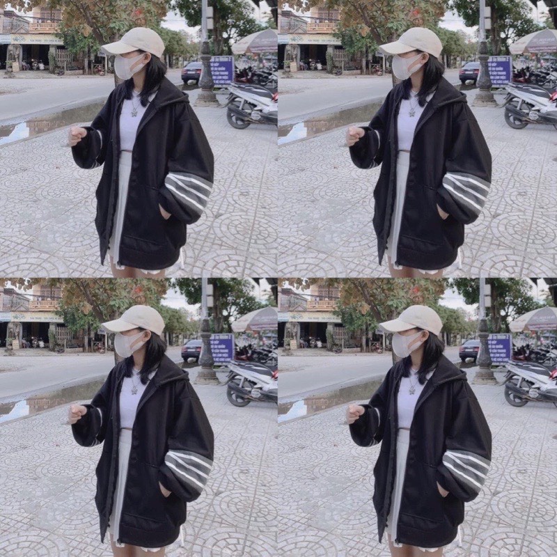 Áo khoác nỉ nữ phối tay kẻ ngang 3 sọc - Hoodie form rộng tay bồng, hoodie zip kiểu dáng vintage màu trắng, đen HOT