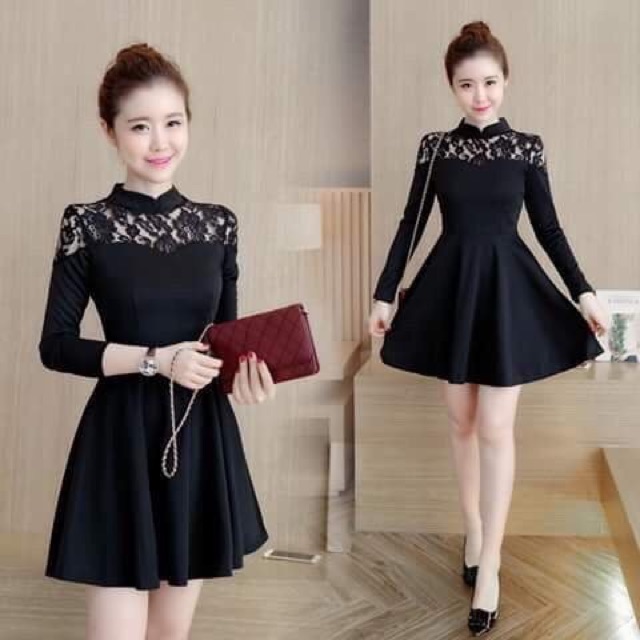 Đầm xoè phối ren tay dài