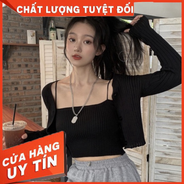 Set Áo Hai Dây + Áo Khoác Cardigan Màu Trơn Thời Trang Quyến Rũ Cho Nữ - Hàng nhập khẩu
