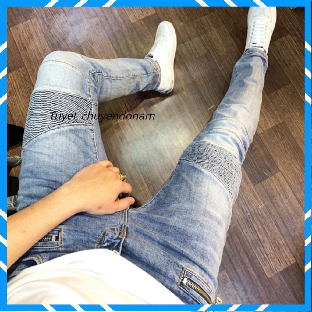 Quần jean biker hoạ tiết vá kiểu cực nổi