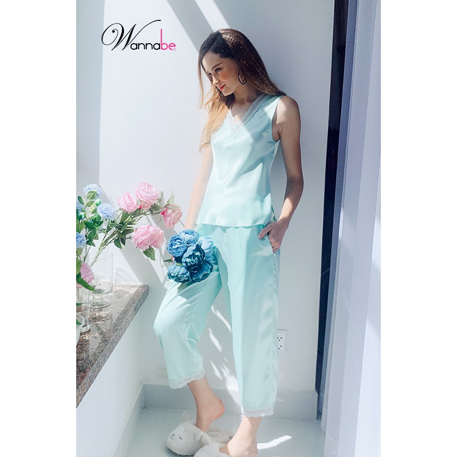 Đồ bộ mặc nhà phi lụa Wannabe bộ dài BDS11 cổ tim phối ren lạ mắt
