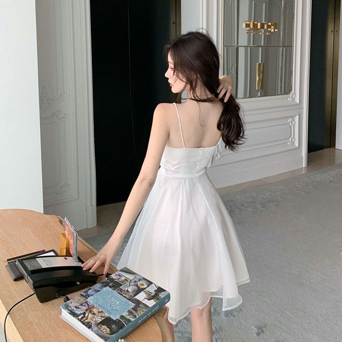 UIOWOO  Đầm Hai Dây Dáng Ngắn Chiết Eo Phong Cách Thời Trang Phương Tây Dành Cho Nữ