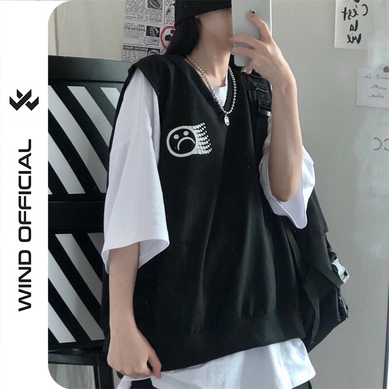 Set áo gile phối áo thun tay lỡ Wind phông unisex form rộng Mặt Buồn nam nữ oversize